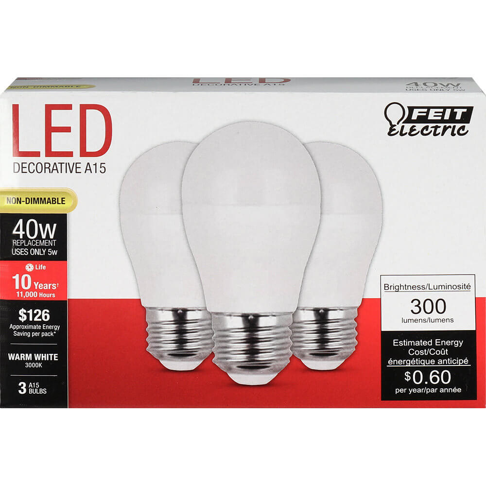 5W LED A15 (40W Equiv.) 11000hr 30K 300 Lumen (Case of 6 3-Packs) 64708-FETc