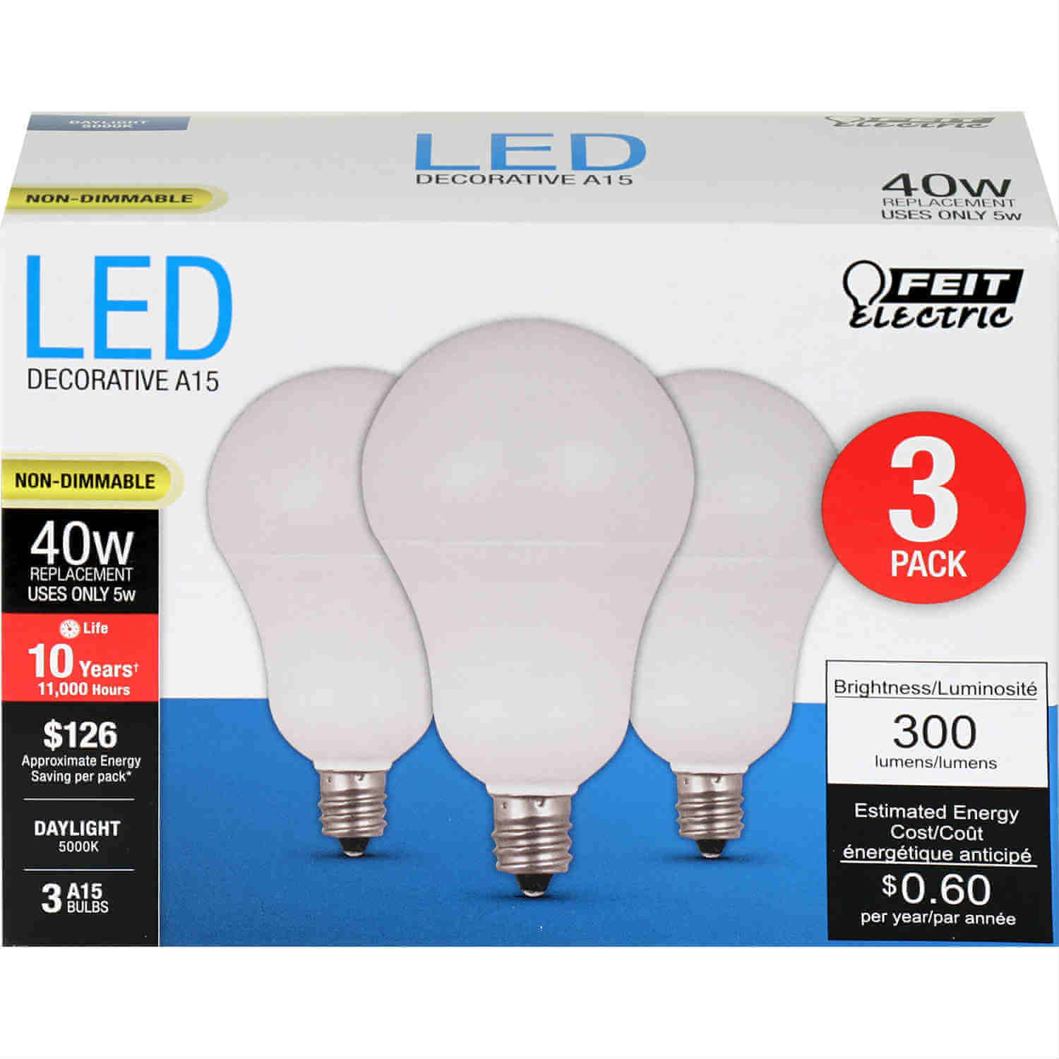 5W LED A15 (40W Equiv) 11000hr 50K 300 Lumen E12 Candelabra Base (Case of 6 3-Packs) 64711-FETc