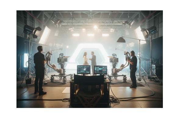 bright kls brand studio lighting on a movie set with two actors and two crew members