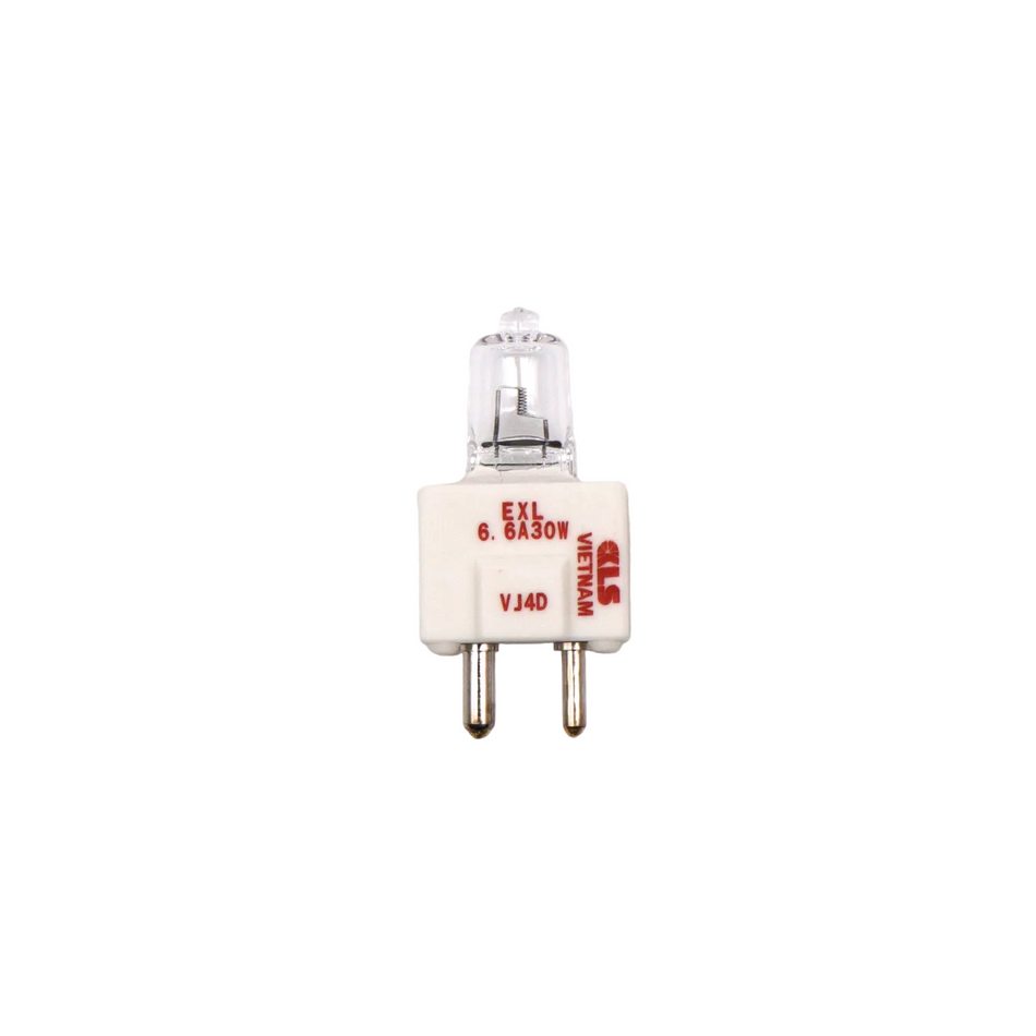 A white airfield lamp EXL with a clear glass bulb, showcasing its base and pins.