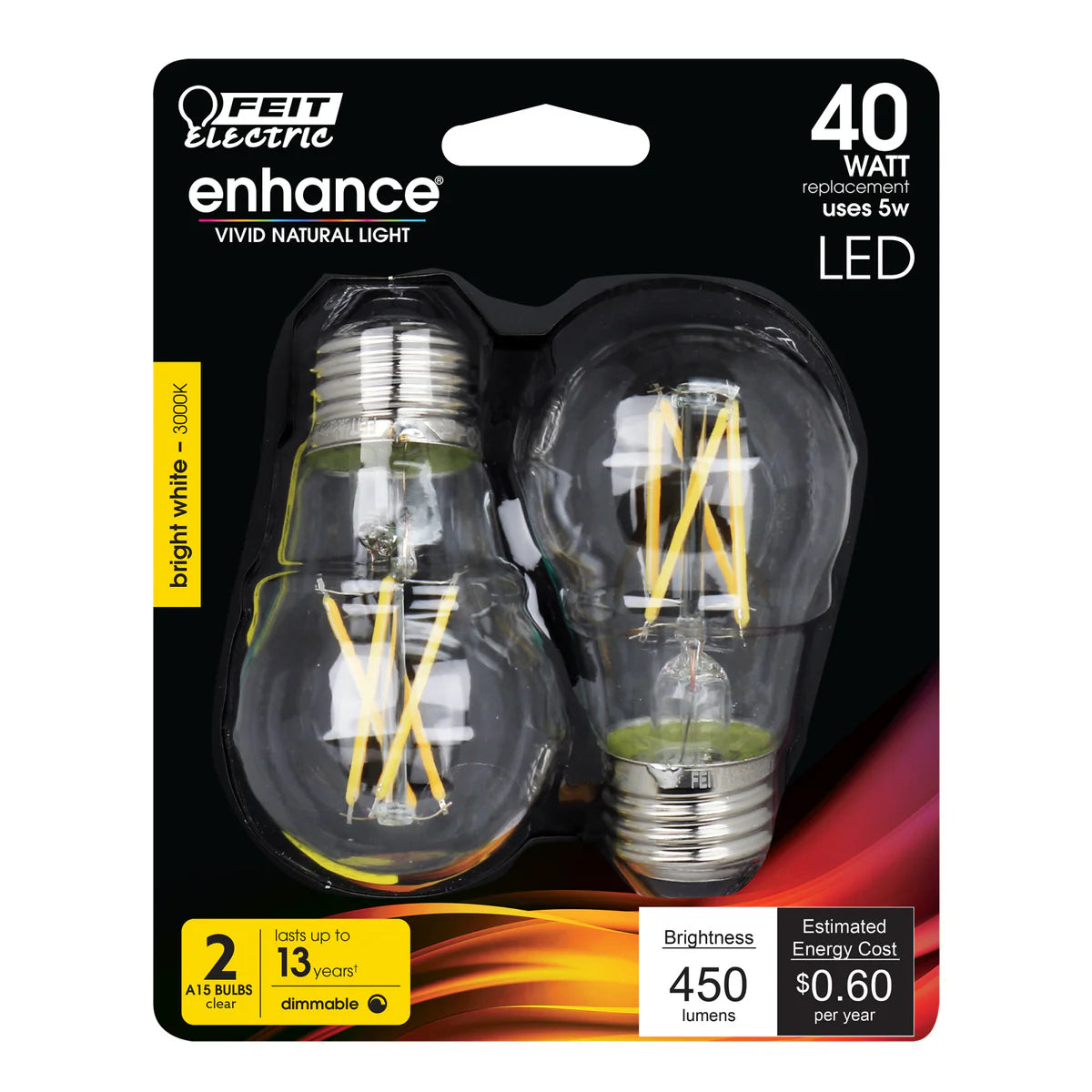 5W LED A15 (40W Equiv) 3000K 450lm E26 (Case of 6 2-Packs) 64708-FETc