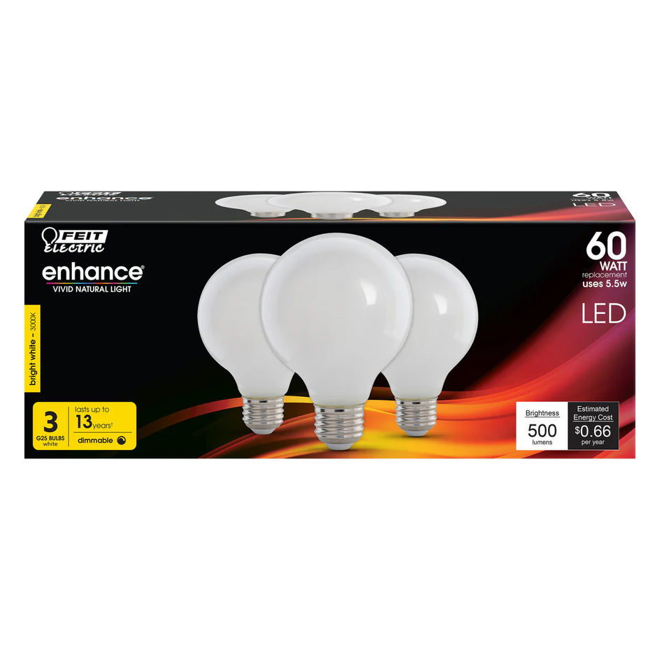 5.5W (60W Equiv) G25 Frost Dimmable LED Light Bulb 3-Pack (Case of 4 3-Packs) - 61685-FETc