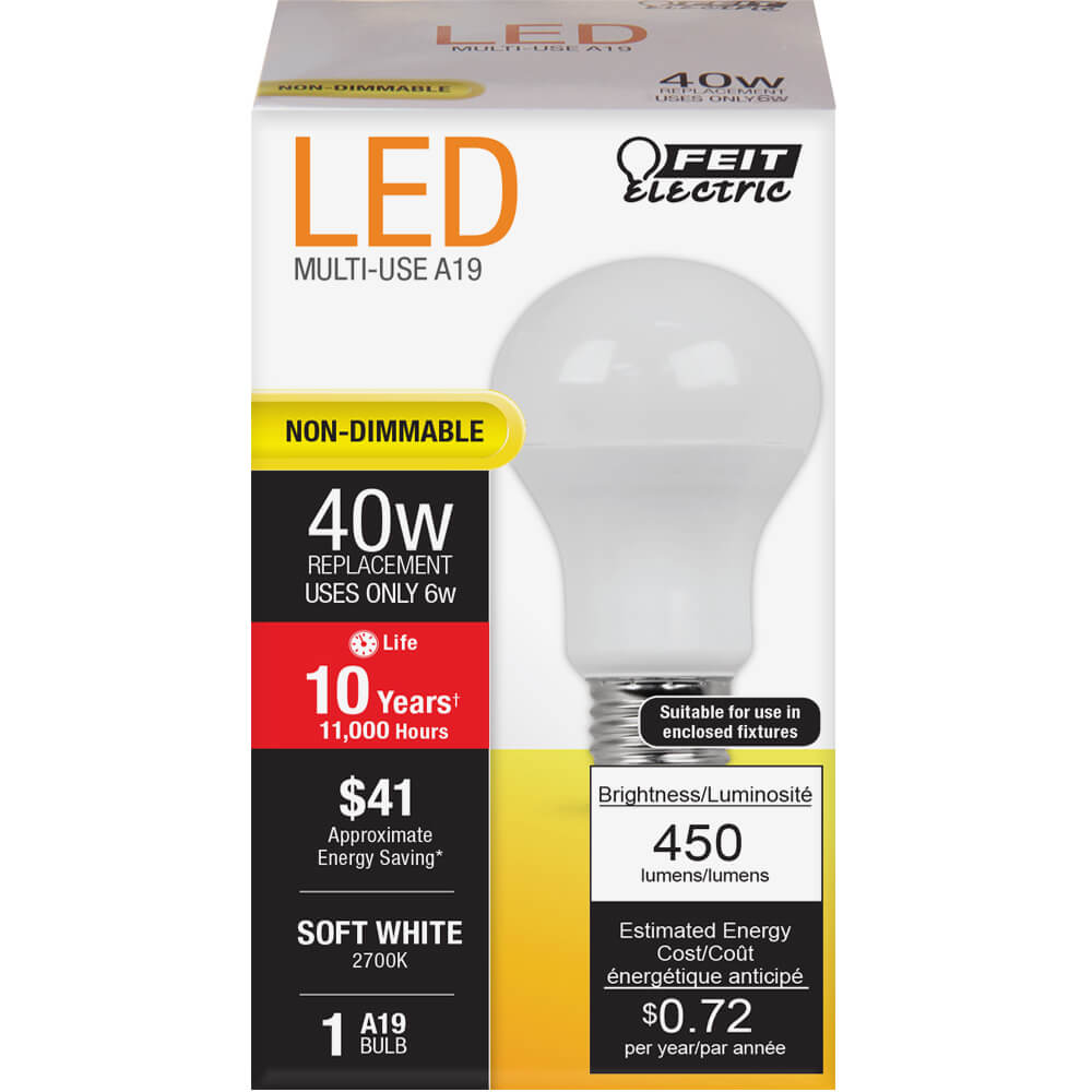 6W LED A19 (40W Equivalent) 11000hr 27K 450 Lumen (6 Pack) 64703-FETc