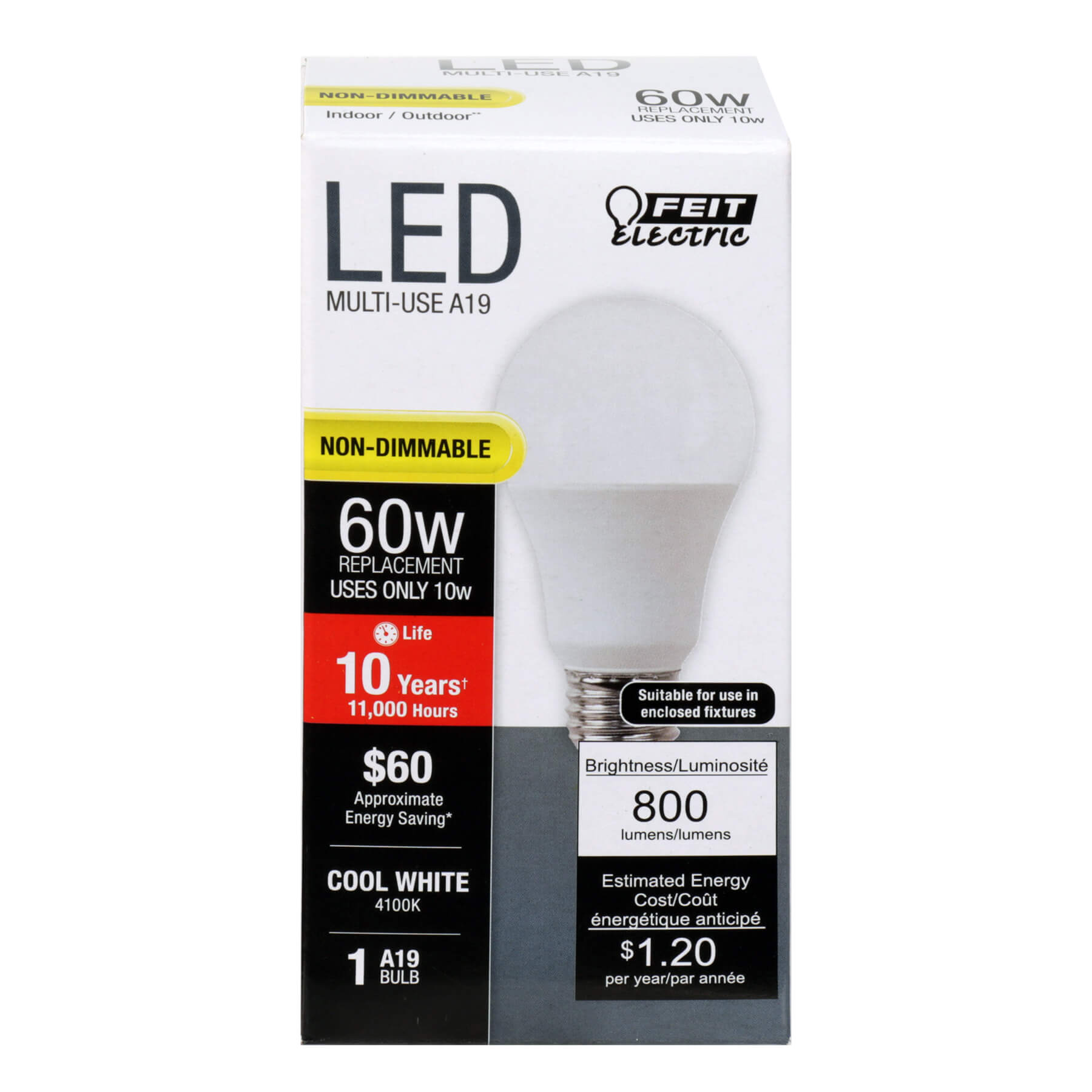 10W LED A19 (60W Equivalent) 11000hr 4100K 800 Lumen (6 Pack) 64705-FETc