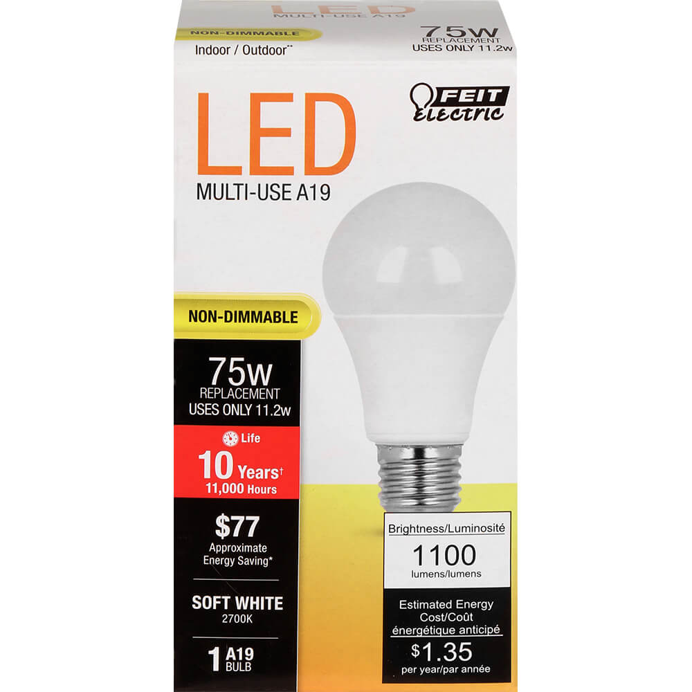 11.2W LED A19 (75W Equivalent) 11000hr 27K 1100 Lumen (6 Pack) 64707-FETc