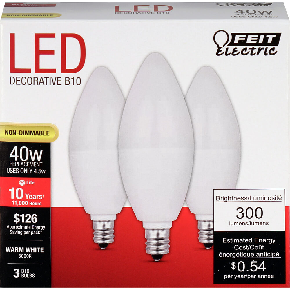 4.5W LED (40W Equiv) 11000hr 30K Frost Chandelier E12 Candelabra Base (Case of 6 3-Packs) 64715-FETc