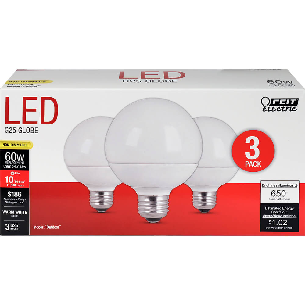 8.5W LED (60W Equiv) Globe 11000hr Frost 30K (Case of 5 3-Packs) 64718-FETc