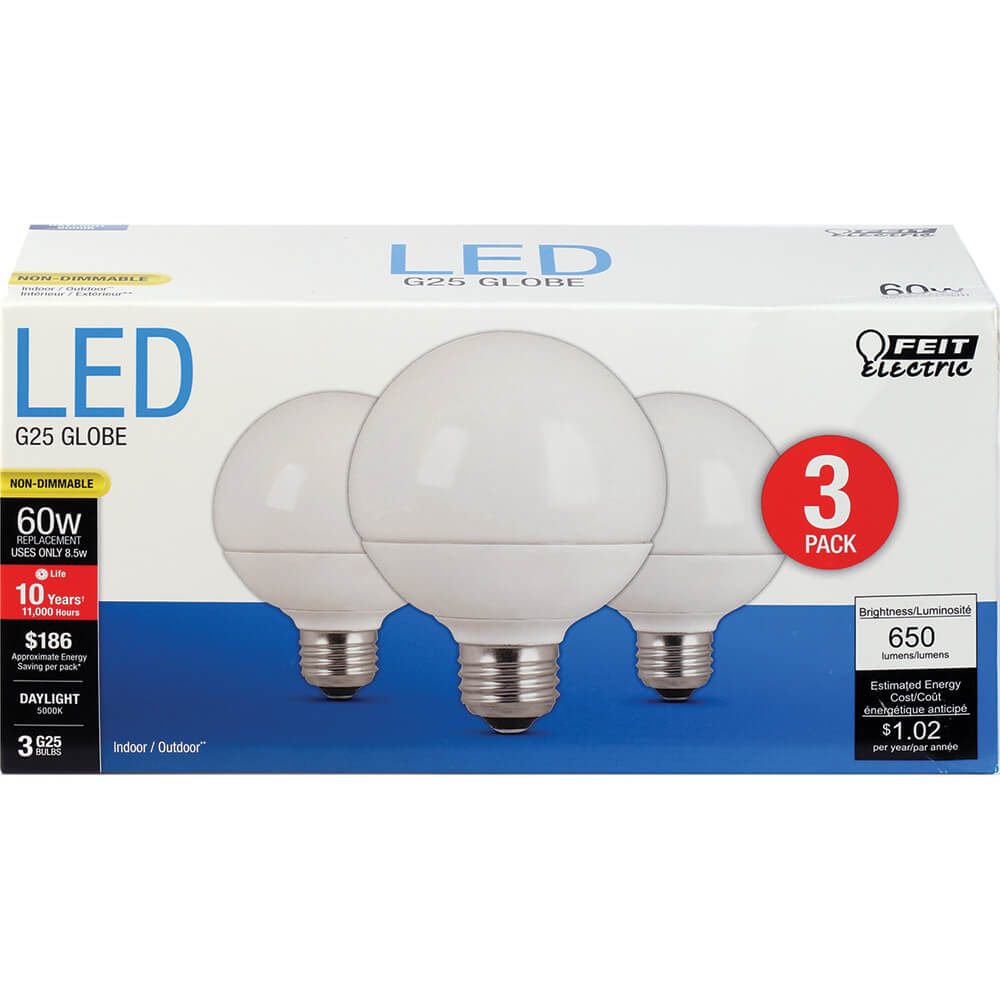 8.5W LED (60W Equiv) Globe 11000hr Frost 50K (Case of 5 3-Packs) 64719-FETc